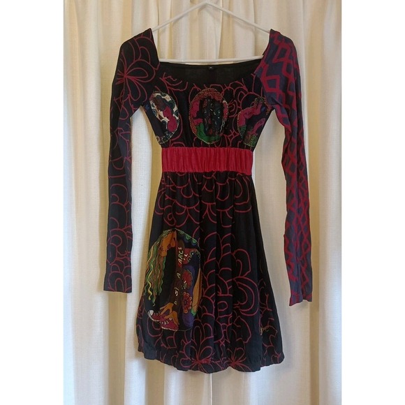 Desigual Y2K Vtg Women's Multicolor Embroidered Long‎ Sleeve Dress Size M - Picture 1 of 9